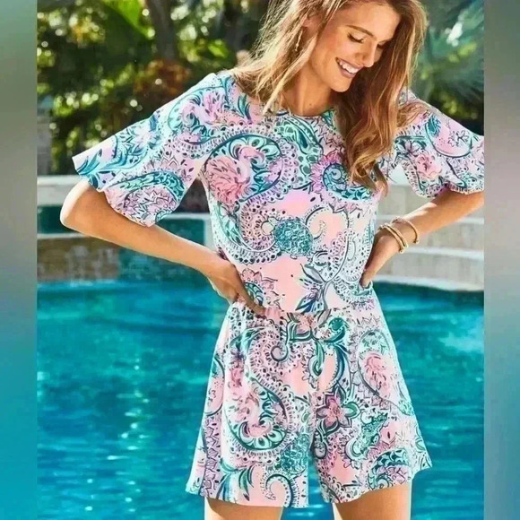 NWOT Lilly Pulitzer Britton Romper - Pink Tropics Tint Tangerine Dress - Picture 1 of 12